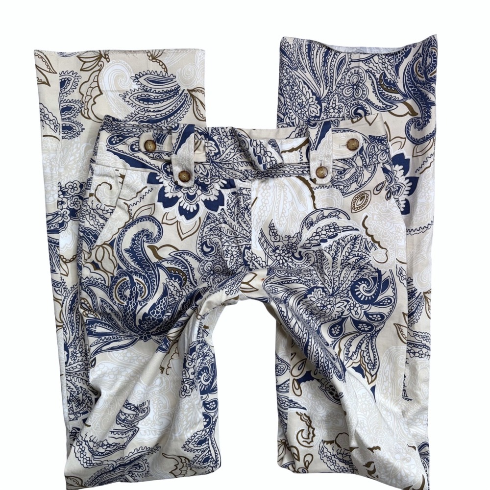 Tuscan Mom Vintage Flare Blue Beige Paisley Print Straight Leg Pants Size 2